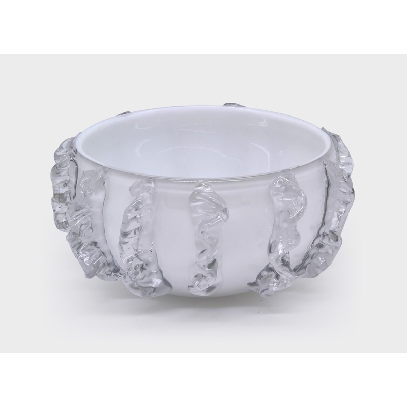 Tizo Design Glass Bowl, White w/ Clear Molten Design