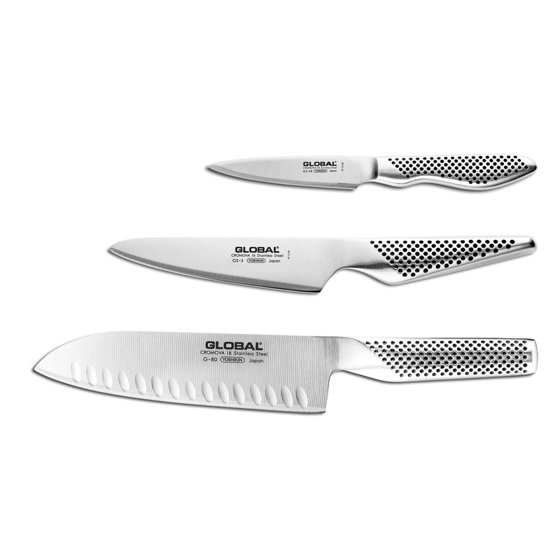 Global Classic 3 Piece Santoku, Chef's Utility, Paring Knife Set, G-48338