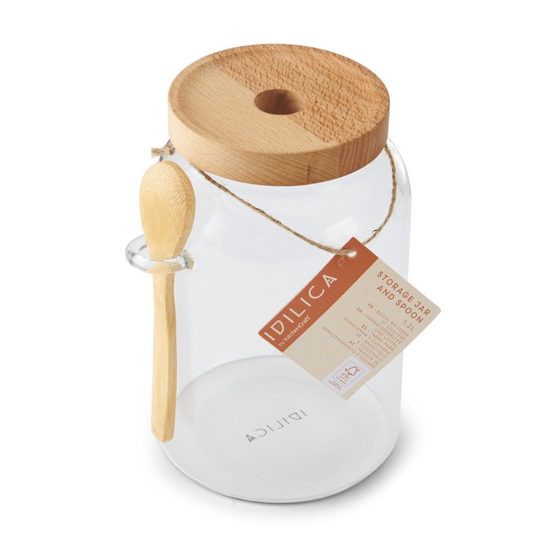 Idilica Glass Storage Jar with Beechwood Lid & Bamboo Spoon, 1200ml