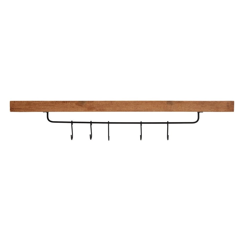 Wooden Wall Shelf with metal rod & 5 S-hooks
