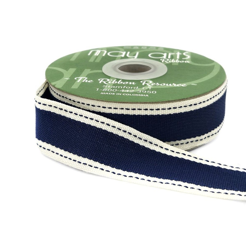 1" Solid Color Band Ribbon with Natural Woven Stitched Edge- Navy