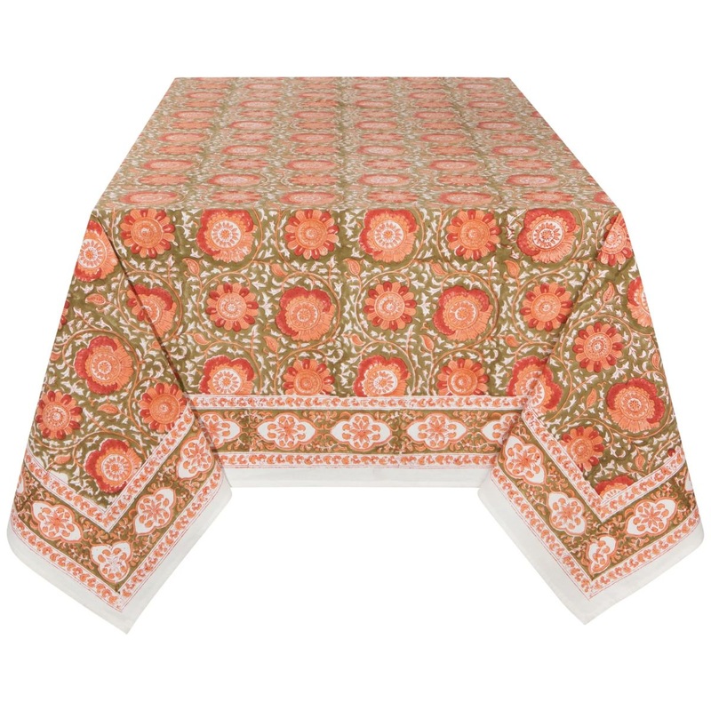 60 x 90 Zinnia Block Print Tablecloth