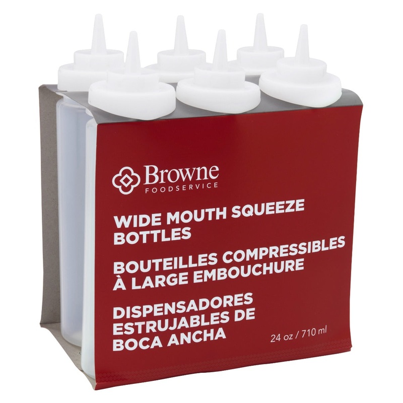 Browne 57802500 Wide Mouth Squeeze Bottle with No-Drip Tip 24 oz. - Clear - 6/Set