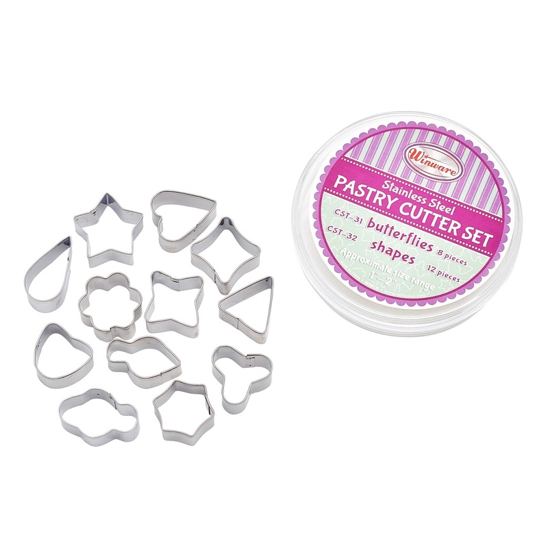 Winco CST-32 Stainless Steel 12-Piece Various Shapes Cookie Cutter Set with Storage Container - 60 Sets/Case