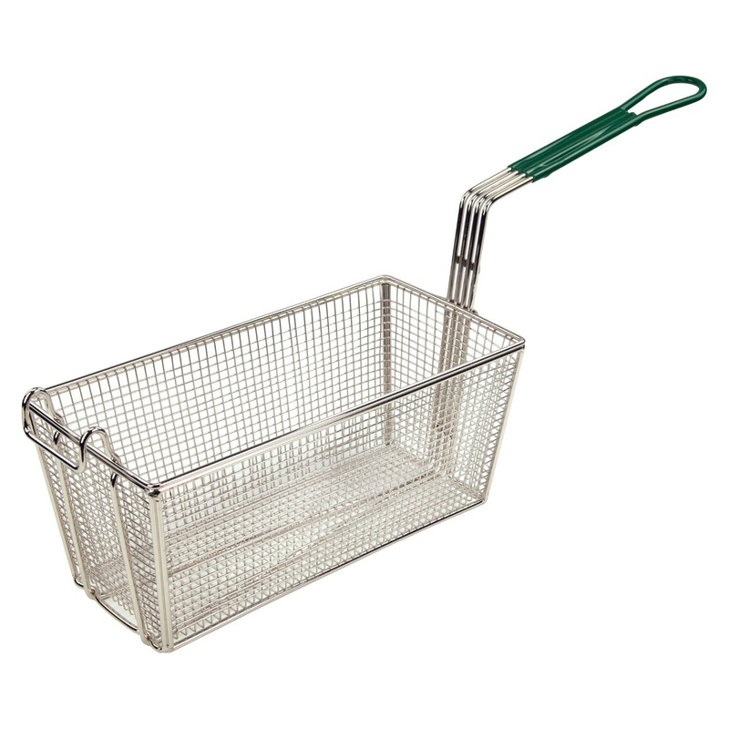 Winco FB-30 Nickle Plated Wire Twin / Half Size Fryer Basket with Front Hook and Green Plastic Coated Handle 13-1/4"L x 6-1/2"W x 6"H