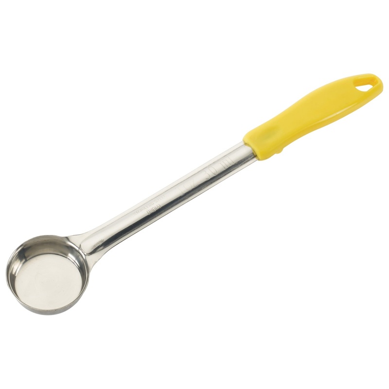 Winco FPS-1 One-Piece Stainless Steel Solid Round Food Portioner with Yellow Plastic Handle 1 oz. - 12/Case