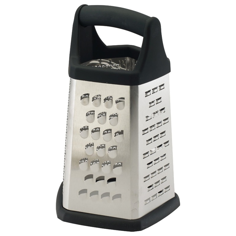 Winco GT-401 Stainless Steel 5-Sided Ergonomic Box Grater with Black Soft Grip Handle 5" x 5" x 8" - 48/Case