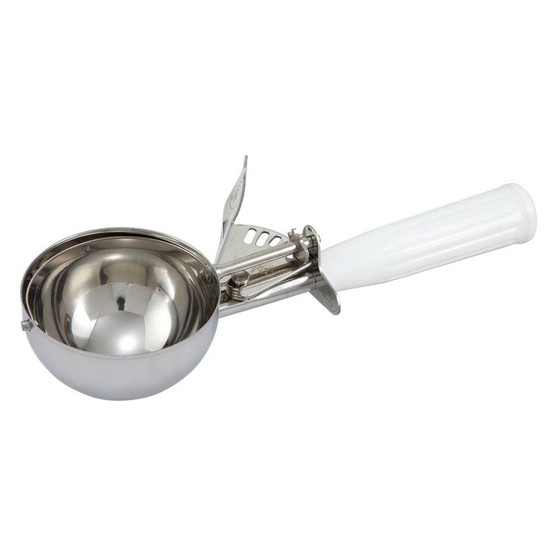 Winco ICD-6 Stainless Steel Thumb-Press Ice Cream Disher with White Plastic Handle 4-2/3 oz. - Size 6 - 36/Case