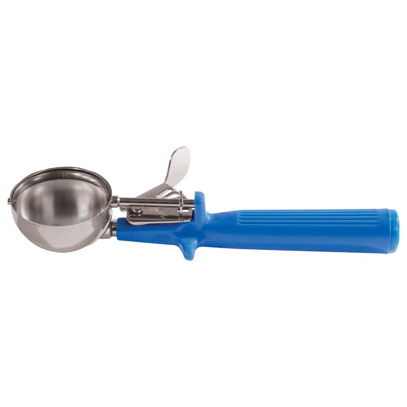 Winco ICOP-16 Stainless Steel Deluxe One-Piece Thumb-Press Disher with Blue Plastic Handle 2 oz. - Size 16 - 36/Case