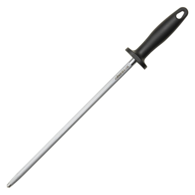 Winco K-14S Stainless Steel Round Knife Sharpening Steel with Black Plastic Finger Guard Hande- 12/Case