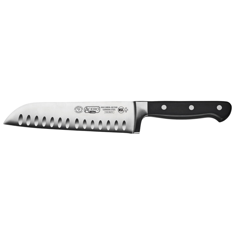 Winco KFP-70 Acero Carbon Stainless Steel Forged Santoku Knife with 7" Blade and Black POM Handle
