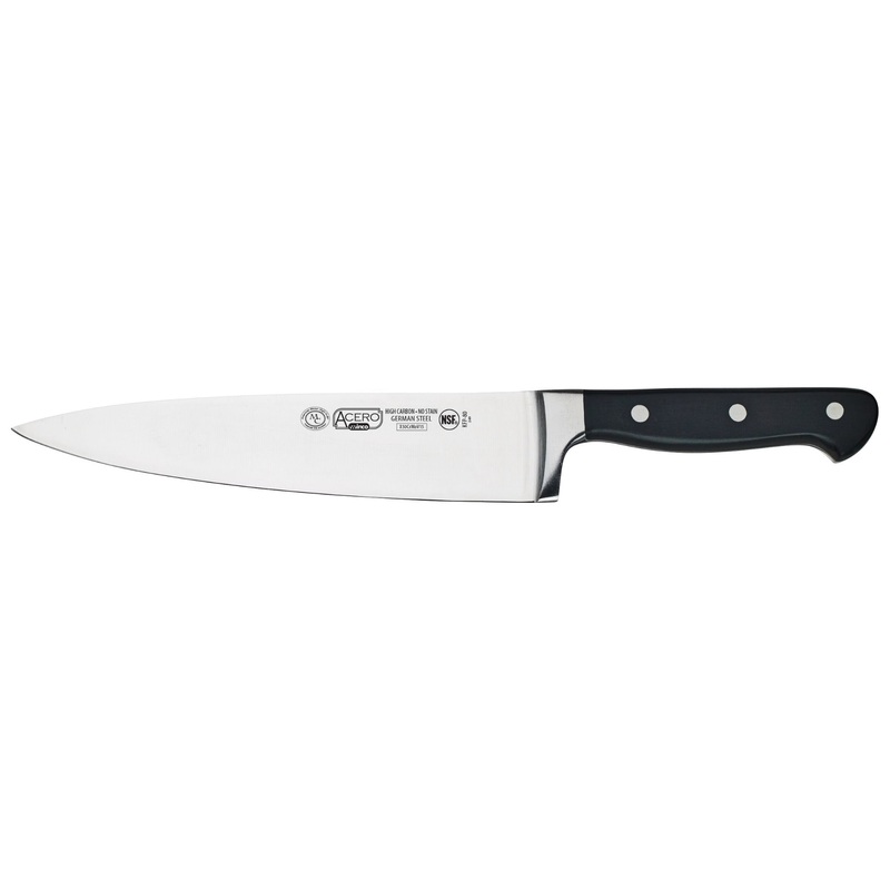 Winco KFP-80 Acero Carbon Stainless Steel Forged Chef's Knife with 8" Blade and Black POM Handle