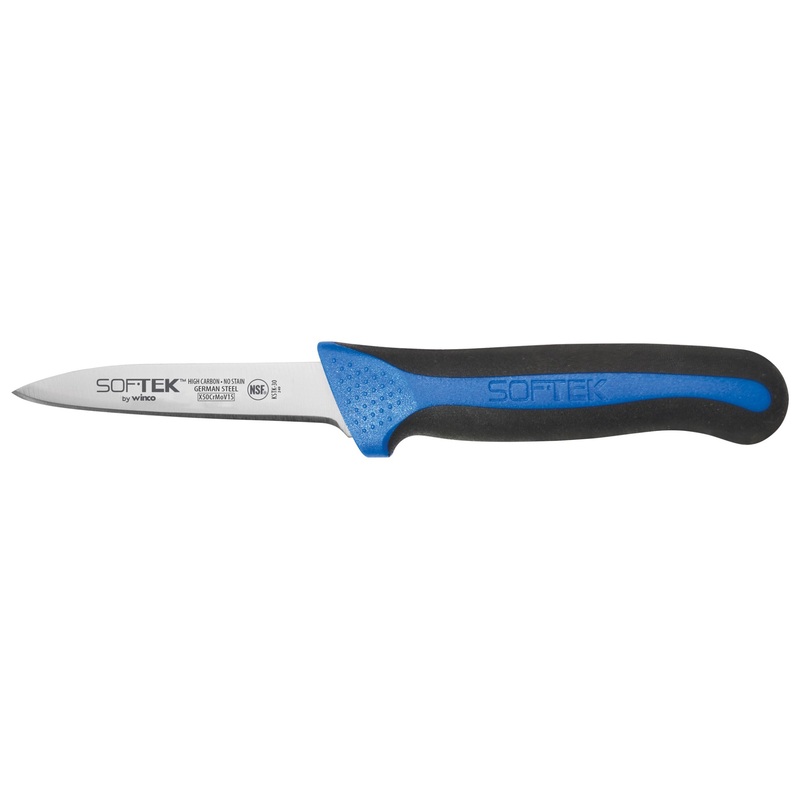 Winco KSTK-30 Sof-Tek High Carbon Steel Paring Knife with 3-1/4" Blade and Black/Blue TPR Handle - 2/Pack x 6 Packs/Case