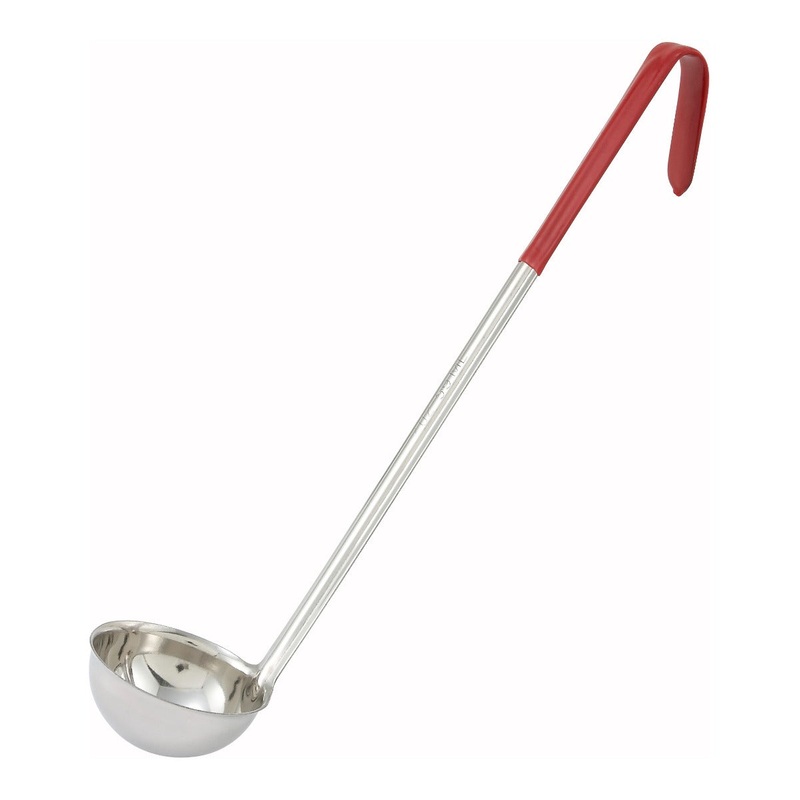Winco LDC-2 One-Piece Stainless Steel Color-Coded Ladle with 12-1/2" Red Coated Hooked Handle 2 oz. - 120/Case