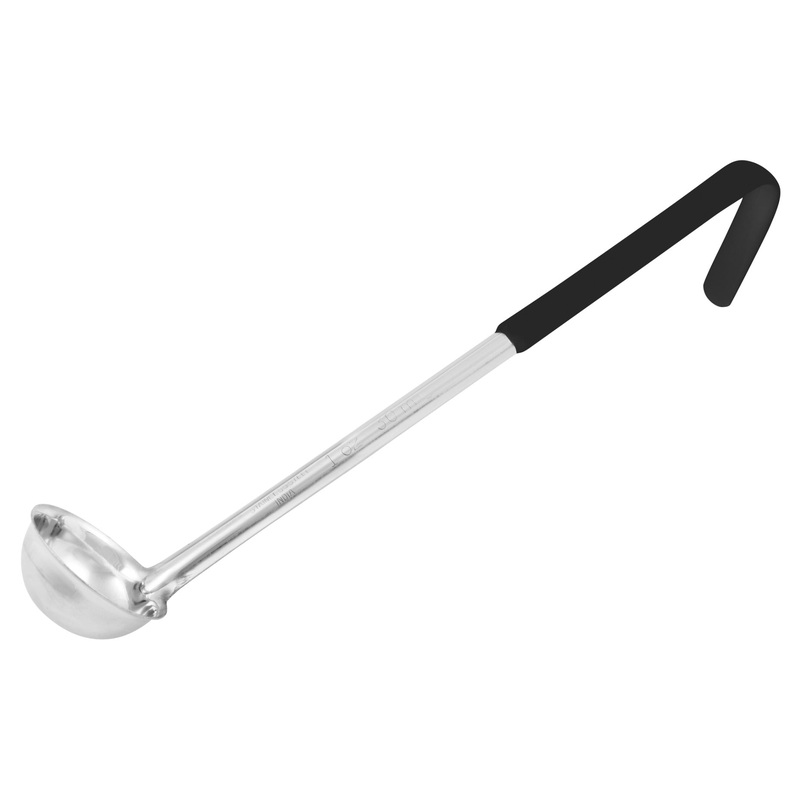 Winco LDCN-8K Prime One-Piece Stainless Steel Ladle with Black Coated Hooked Handle 8 oz. - 60/Case