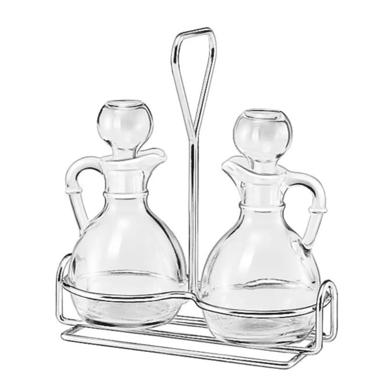 Libbey 80371 6 oz Cruet Set w/ Wire Rack & Glass Stoppers - Glass, Clear