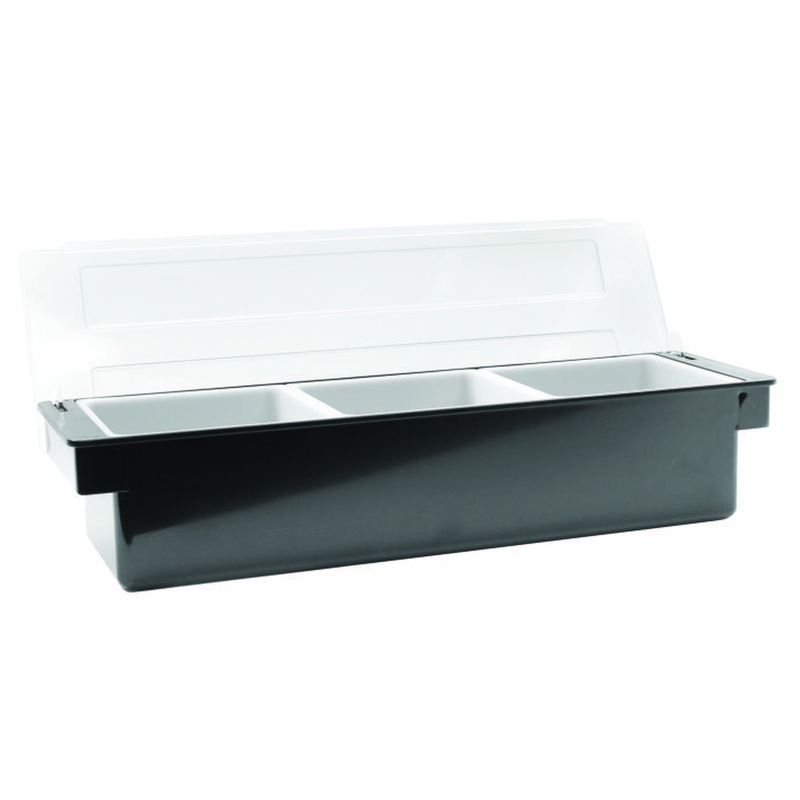 TableCraft 104 3-Compartment Plastic Condiment Holder Bar with Clear Lid 19-1/2" x 6" x 4-1/2" - Black - Holds (3) 1 qt. White Inserts - 6/Case