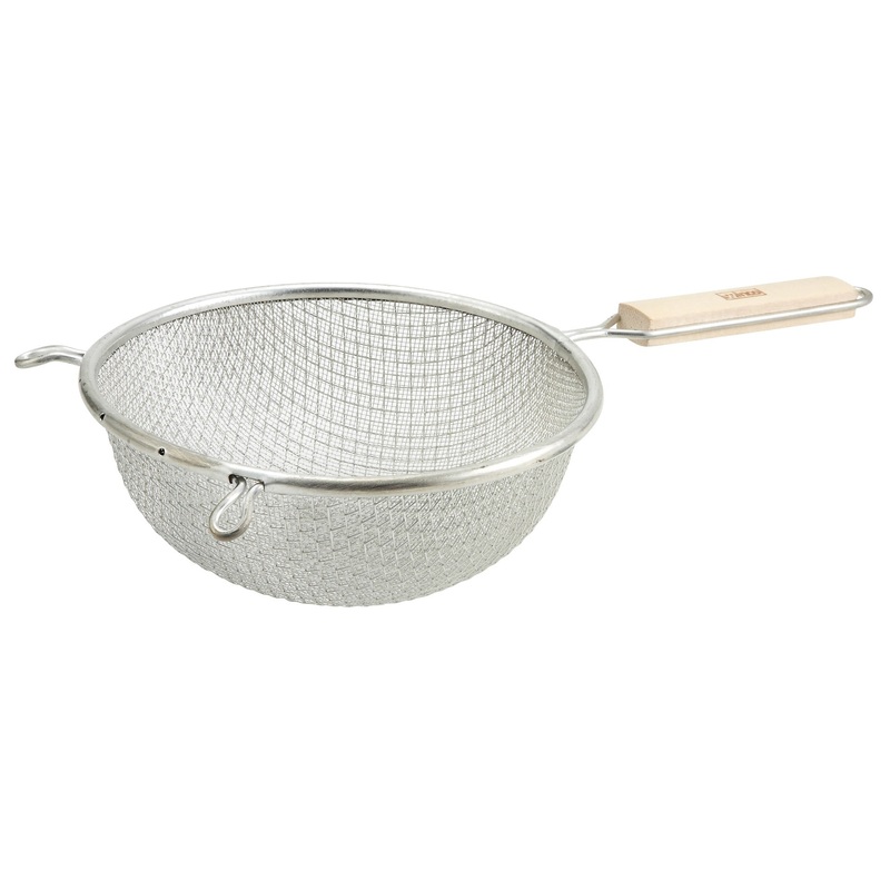Winco MSTF-8D Tin-Plated Stainless Steel Double Fine Mesh Strainer with 8" dia. Bowl and 6-1/4"L Wood Handle - 48/Case