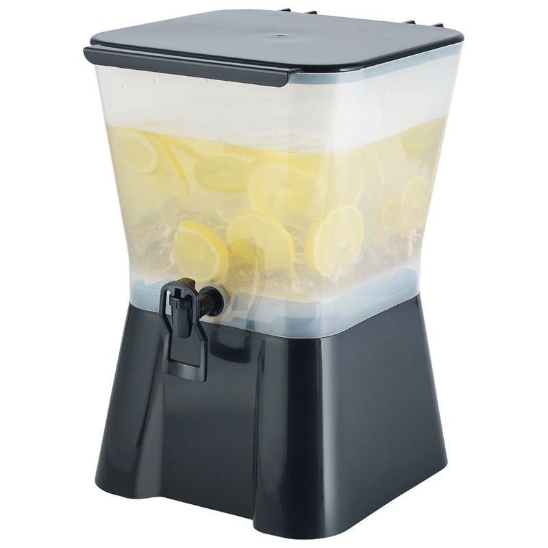Winco PBD-3SK Plastic Square Non-Insulted Beverage Dispenser with Single Translucent Bowl, Black Base and Hands-Free Faucet 3 gal. - 4/Case