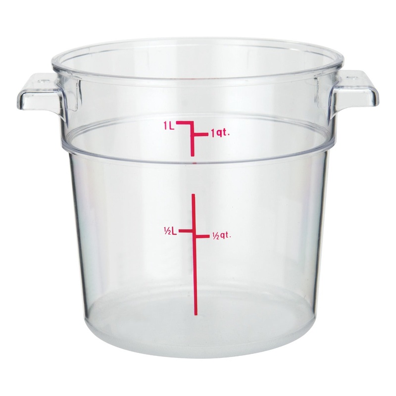 Winco PCRC-1 Polycarbonate Round Food Storage Container with Graduations and Handles 1 qt. - Clear - 48/Case
