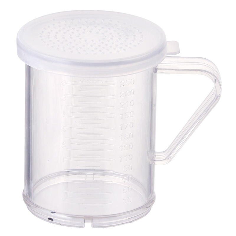 Winco PDG-10 Polycarbonate Shaker / Dredge with Handle & (3) Clear Lids (S, M, L) 10 oz. - Clear - 12/Case
