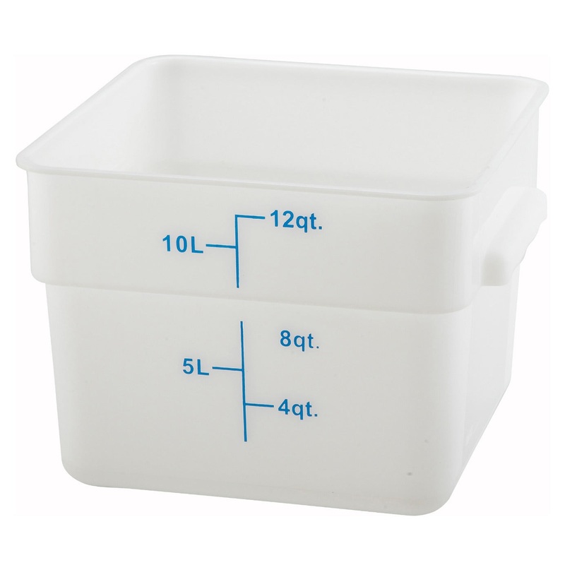 Winco PESC-12 Polyethylene Square Food Storage Container with Graduations and Handles 12 qt. - White - 12/Case