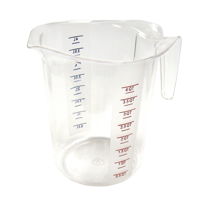 Winco PMCP-400 Polycarbonate Measuring Cup with Color Graduations 4 qt. - Clear - 24/Case