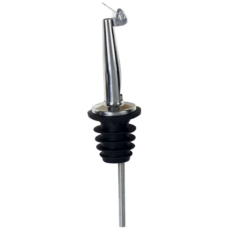 Winco PPM-4C Medium/Fast Flow Liquor Pourer with Stainless Steel Tapered Spout, Hinged Cap, and Black Plastic Cork - 144/Case