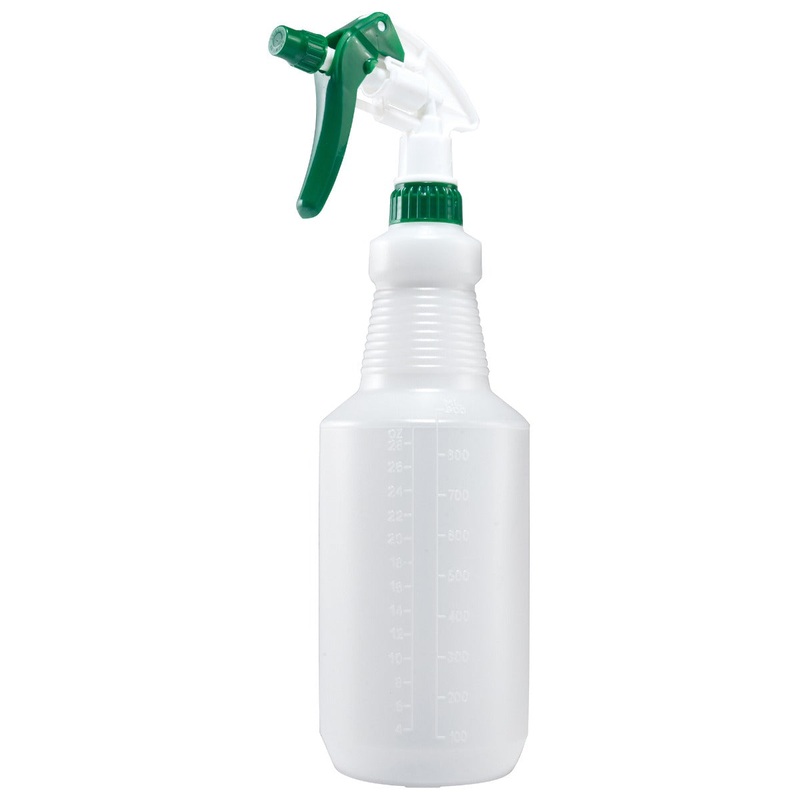Winco PSR-9 Color-Coded Plastic Spray Bottle with Green Trigger Nozzle and Collar 28 oz. - White - 50/Case