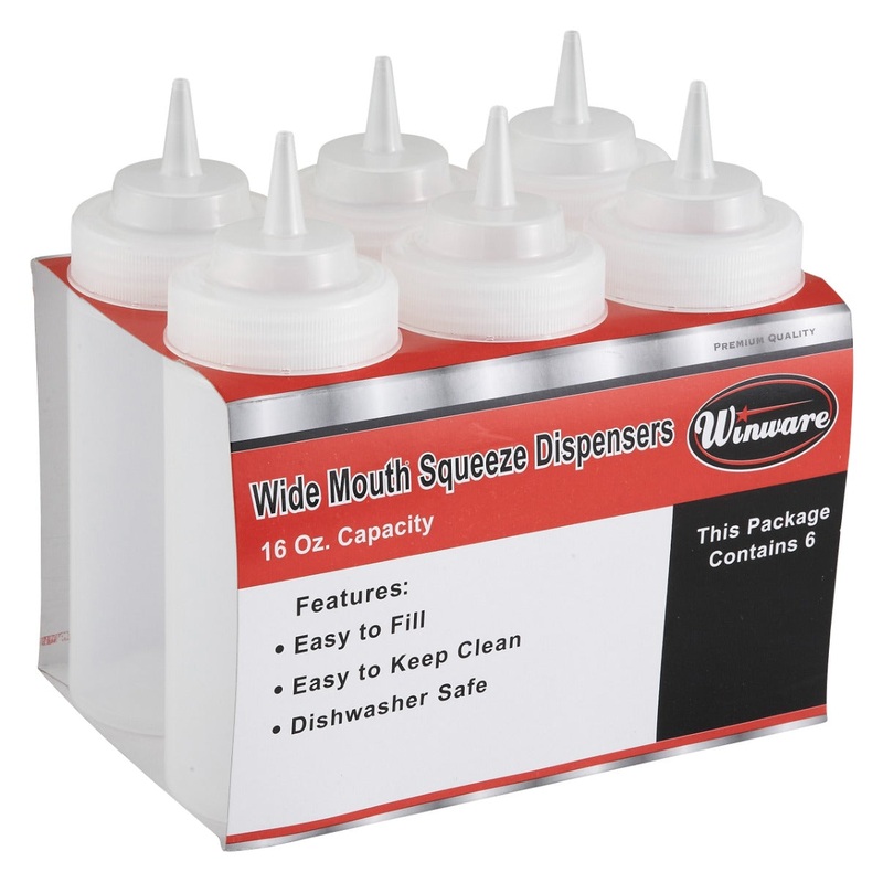 Winco PSW-16 Plastic Wide Mouth Squeeze Bottle 16 oz. - Clear - 6/Pack x 8 Packs/Case