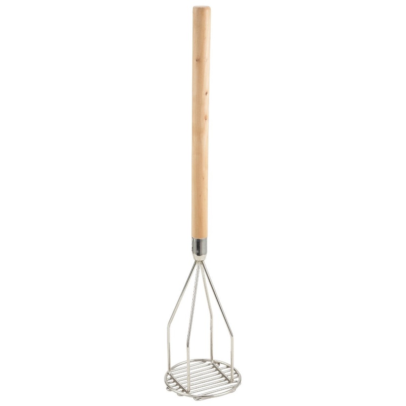 Winco PTM-24R Nickle-Plated Steel Potato Masher with 5" Round Face and 24-1/2" Wood Handle -12/Case