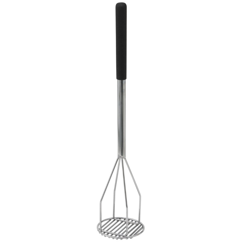 Winco PTMP-24R Nickle-Plated Steel Potato Masher with 5" Round Face and 24-1/2" Black Textured Plastic Handle