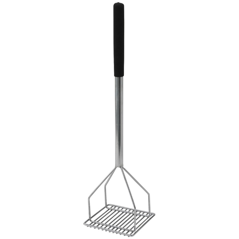 Winco PTMP-24S Nickle-Plated Steel Potato Masher with 5-1/4" Square Face and 24" Black Textured Plastic Handle - 12/Case