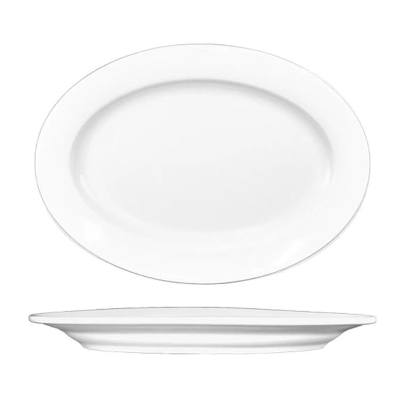 International Tableware BL-14 12 1/2" x 9" Oval Bristol Platter - Porcelain, Bright White