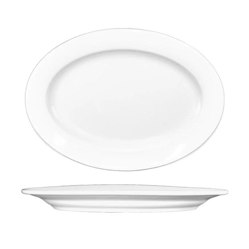 International Tableware BL-41 13 1/2" x 9 3/4" Oval Bristol Platter - Porcelain, Bright White