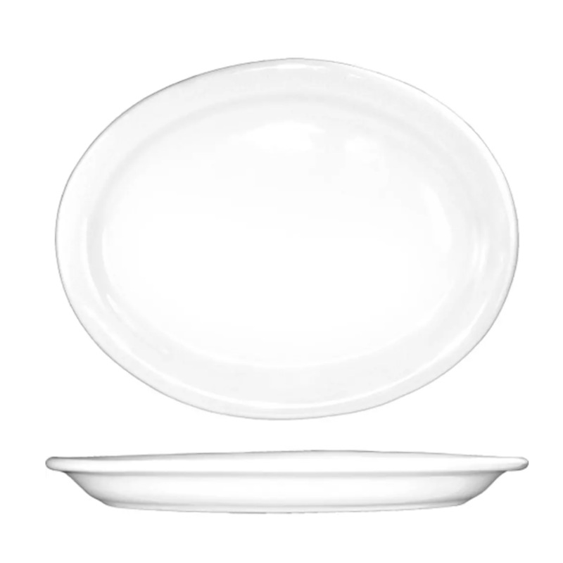 International Tableware BR-12 9 3/4" x 7 5/8" Oval Brighton Platter - Porcelain, European White