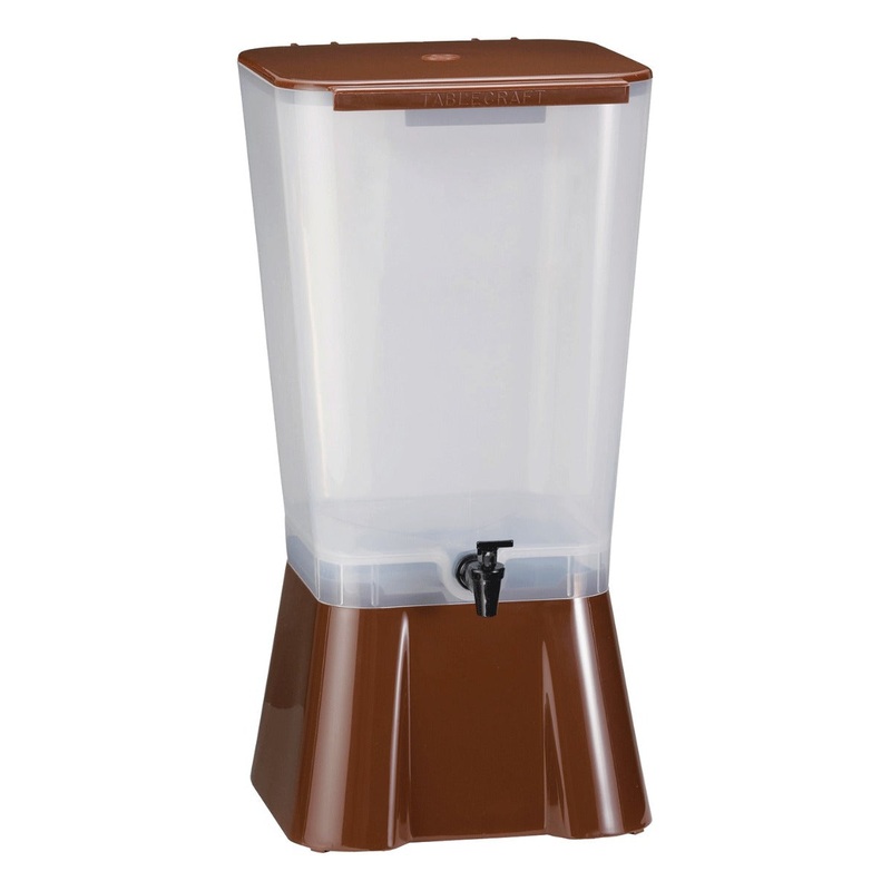TableCraft 1054 Polypropylene Non-Insulated Beverage Dispenser with Translucent Single Bowl and Brown Base 5 gal.