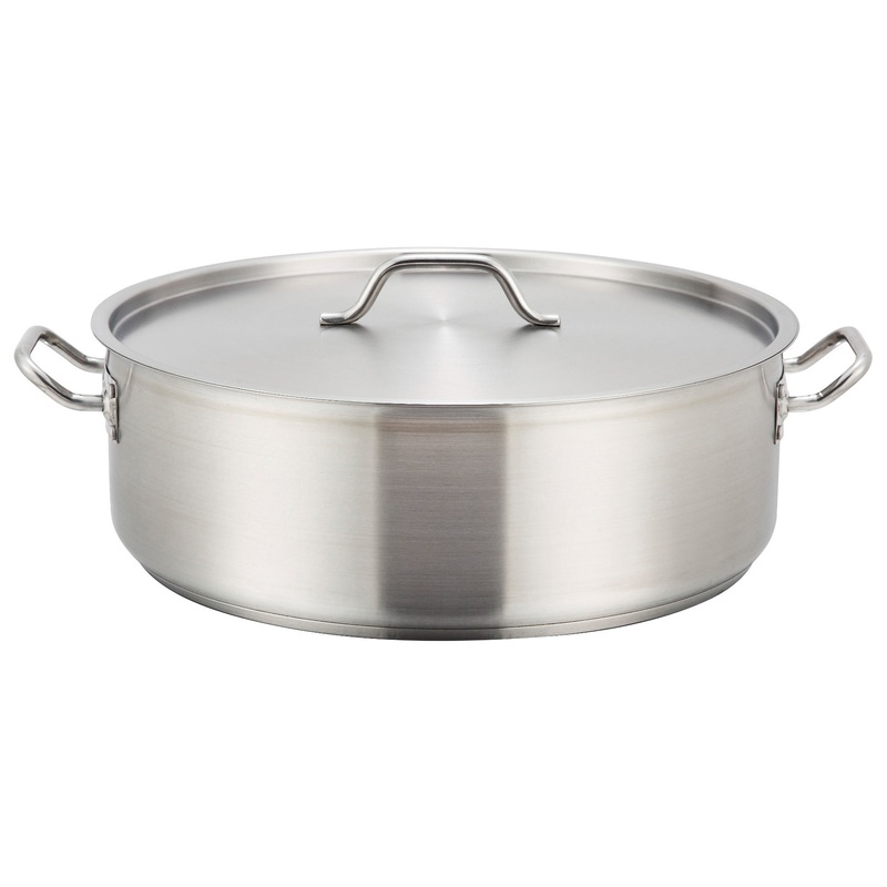 Winco SSLB-20 Premium Stainless Steel Induction Brazier / Braising Pot with Cover 20 qt.