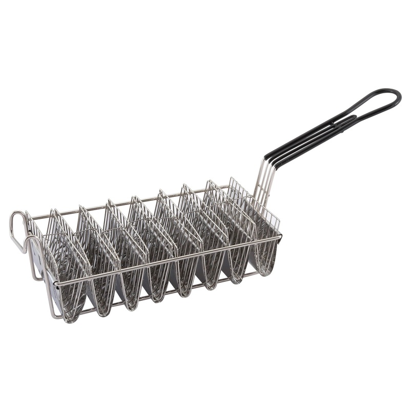 Winco TB-8 Nickel-Plated Rectangular Taco Shell Fry Basket with Front Hook and Black Plastic Handle - Holds (8) 6" Folded Shells