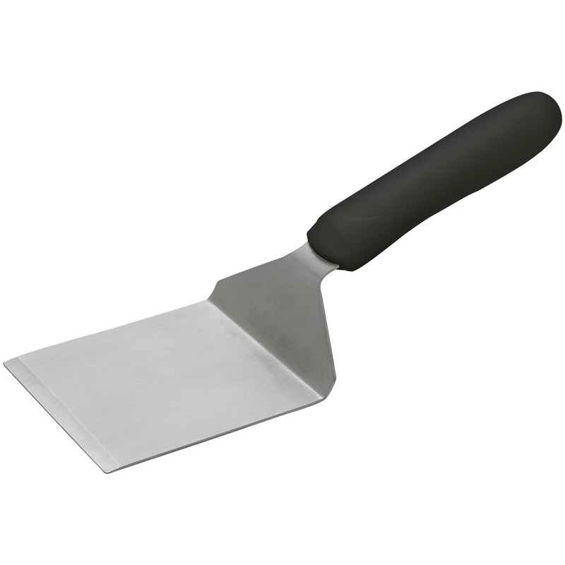 Winco TKP-41 Stainless Steel Solid Offset Steak/Burger Turner with 4-1/8" x 3-3/4" Blade and Black Polypropylene Ergo Handle - 72/Case