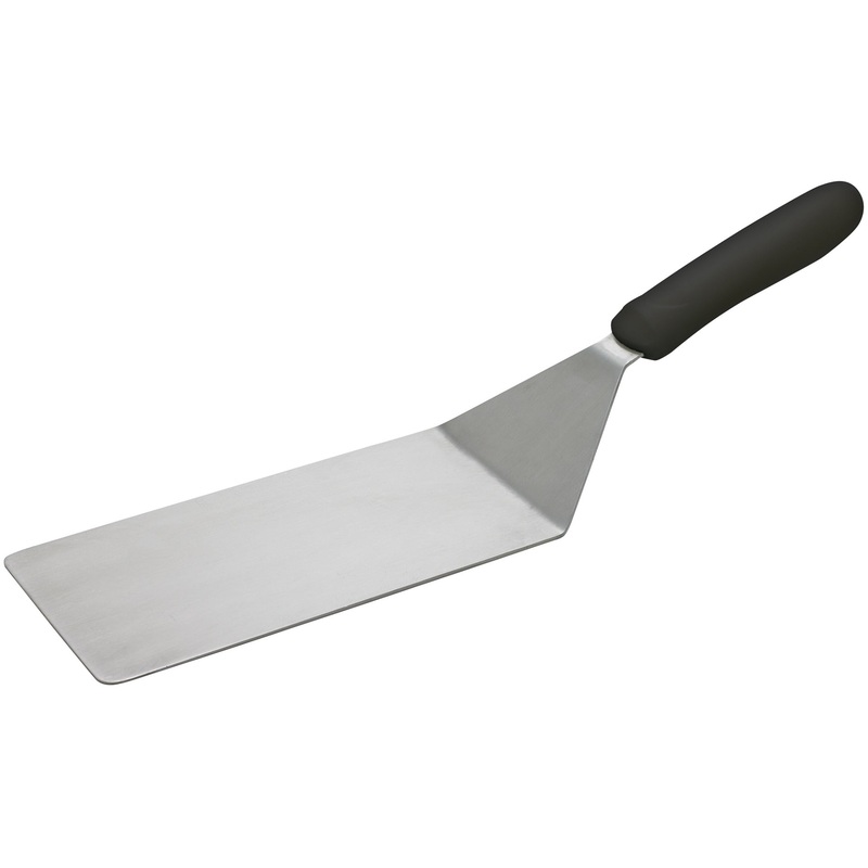 Winco TKP-42 Stainless Steel Solid Offset Turner with 8" x 4" Blade and Black Polypropylene Ergo Handle - 48/Case
