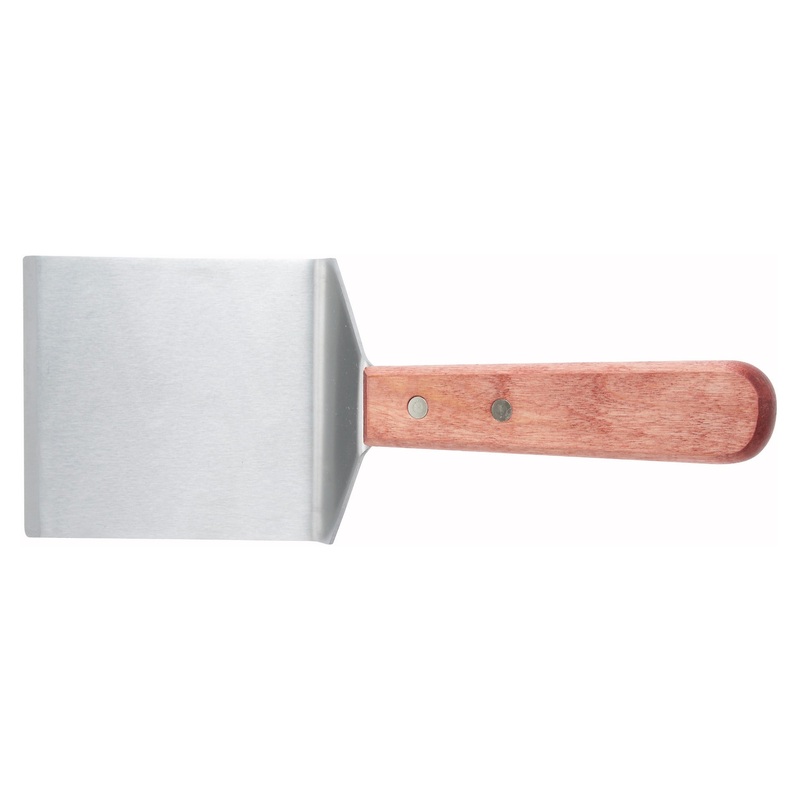 Winco TN46 Stainless Steel Solid Offset Steak/Burger Turner with 4-1/8" x 3-3/4" Blade and Wooden Handle - 12/Case
