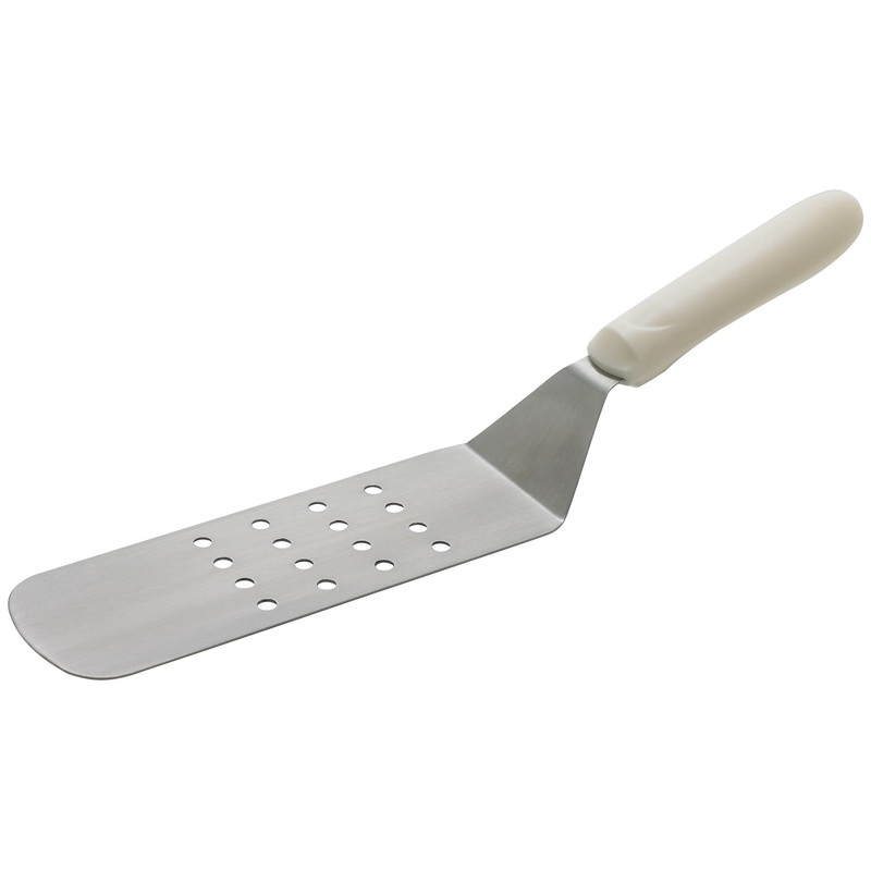 Winco TWP-91 Stainless Steel Perforated Offset Turner with 8-1/4" x 2-7/8" Blade and White Polypropylene Ergo Handle - 48/Case
