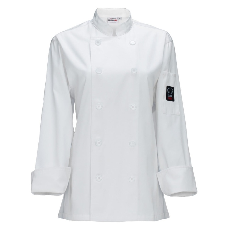 Winco UNF-7WM Signature Chef Beacon Women's Long Sleeve Double-Breasted Tapered Fit Chef Jacket with Thermometer Pocket - White / Medium - 12/Case