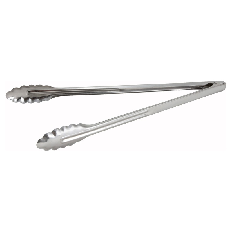 Winco UT-16LT Coiled Spring Medium-Weight Stainless Steel Scalloped Utility Tongs 16" - 72/Case