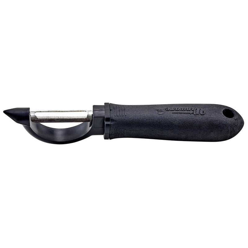 Winco VP-304 Straight Fruit & Vegetable Peeler with Stainless Steel Serrated Edge Blade and Black Soft Grip Handle 7-1/2" - 12/Case
