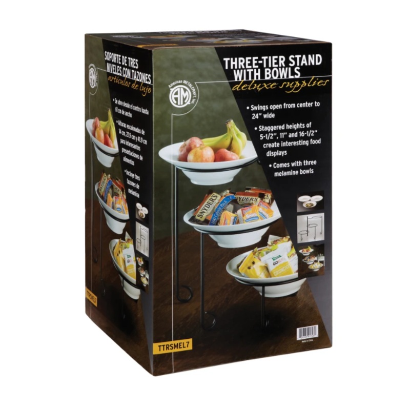 American Metalcraft TTRSMEL7 3 Tier Stand Set w/ Melamine Bowls - Wrought Iron, Black