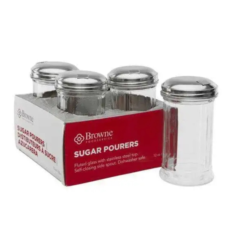 Browne 575228 Round Fluted Glass Sugar Pourer with Stainless Steel Top 12 oz. - Clear - 4/Set