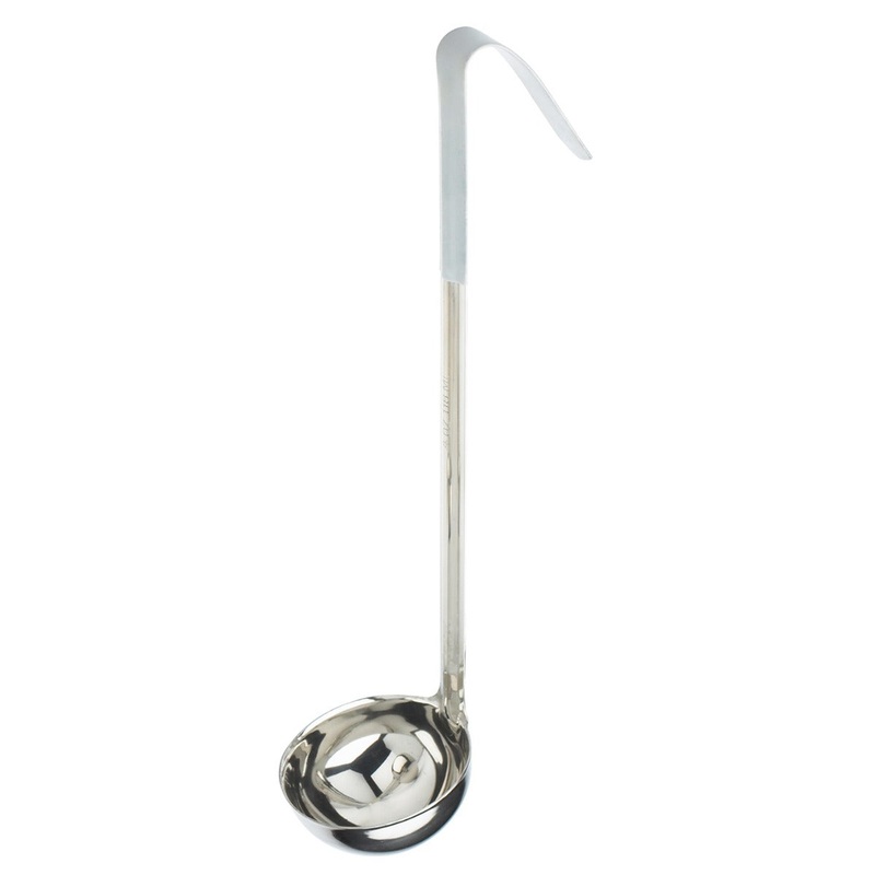 Browne 9944GRY Color-Coded One-Piece Stainless Steel Ladle with Gray Plastic Hooked Handle 4 oz.