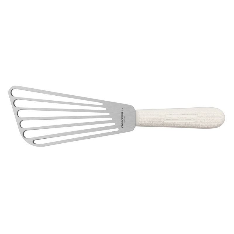 Dexter Russell S186 1/2 PCP Sani-Safe 19673 Stainless Steel Slotted Fish Turner with White Polypropylene Handle 6-1/2" x 3" - 6/Case